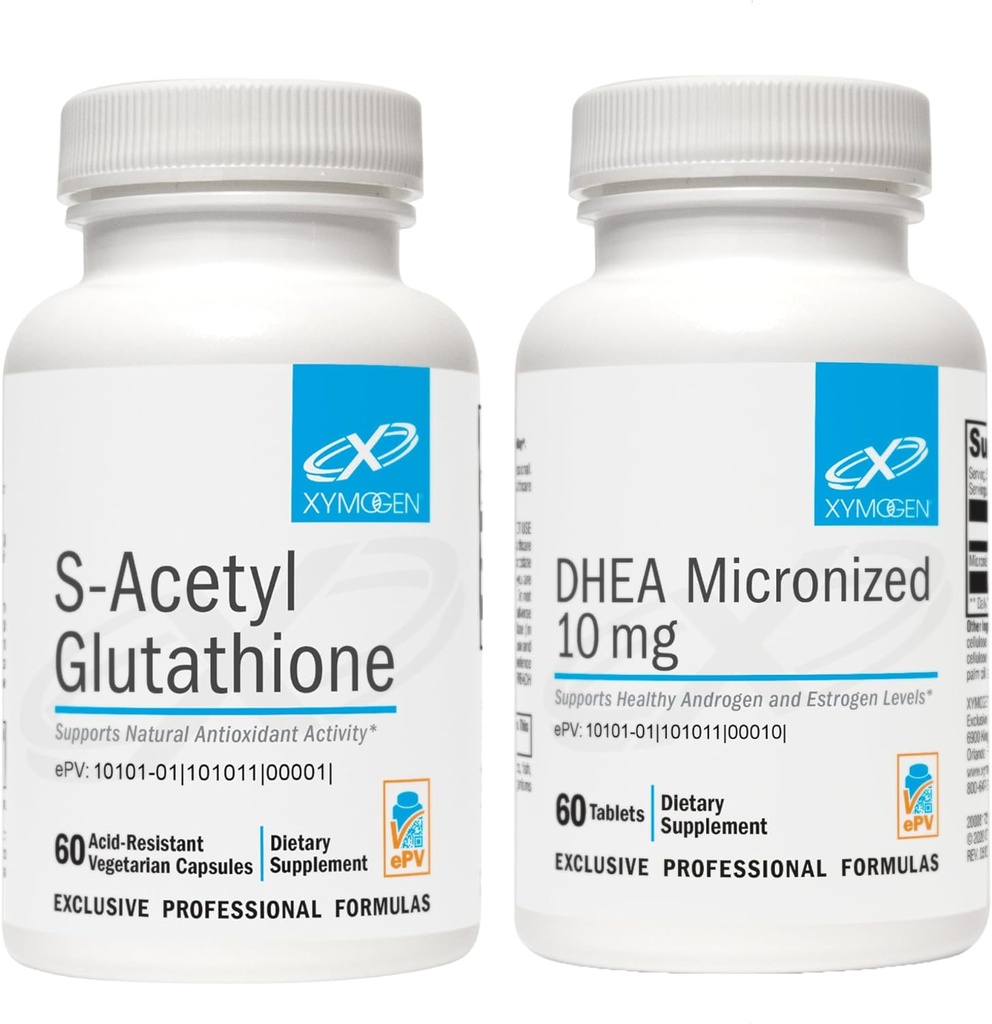 XYMOGEN DHEA 10mg (60 comprimés) + S acétylglutathion (60 gélules) Ensemble de 2 pièces - Micronised DHEA + Superior Absorption Glutathion acétylé Supplément pour soutenir le vieillissement en santé