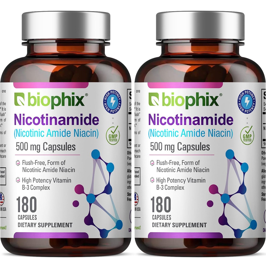 biophix B-3 Nicotinamid 500 mg 180 Caps 2 Pack - Nicotinic Amide Niacin Natural Flush-Free Vitamin Formula - Unterstützt Hautzellengesundheit
