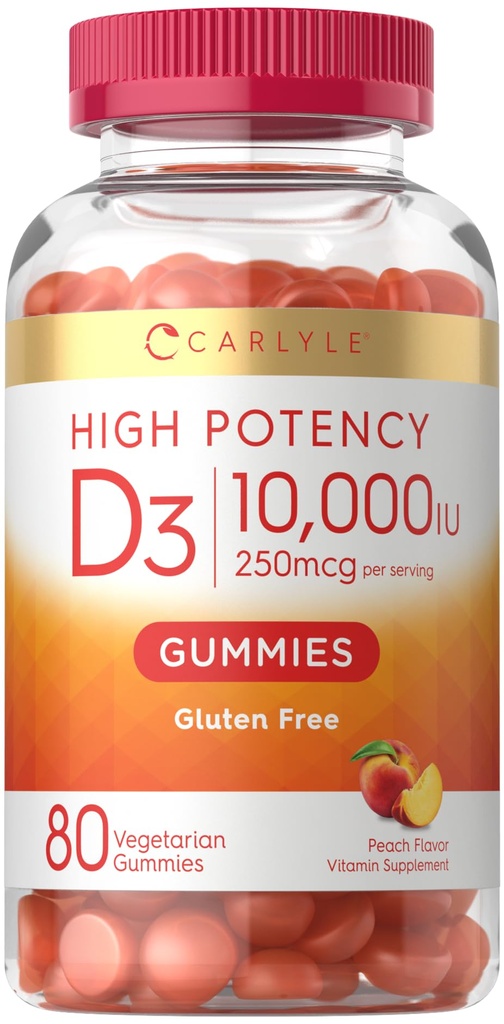 Carlyle Vitamin D3 10000iu Gummi für Erwachsene | 80 Count | Peach Flavored Gummy | Hohe Potenz für Frauen und Männer | Vegetarisch, Non-GMO, Glutenfreie Ergänzung