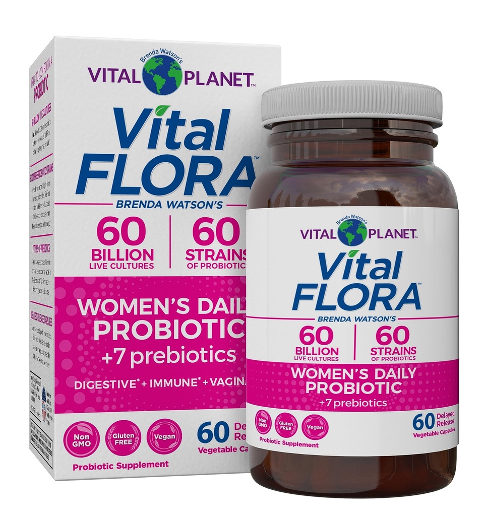 Planète Vitale - Vital Flora Womens Probiotics quotidien 60 milliards CFU, 60 souches diverses, 7 prébiotiques organiques, soutien vaginal et immunitaire, Bloating, probiotiques de santé digestive pour les femmes 60 capsules