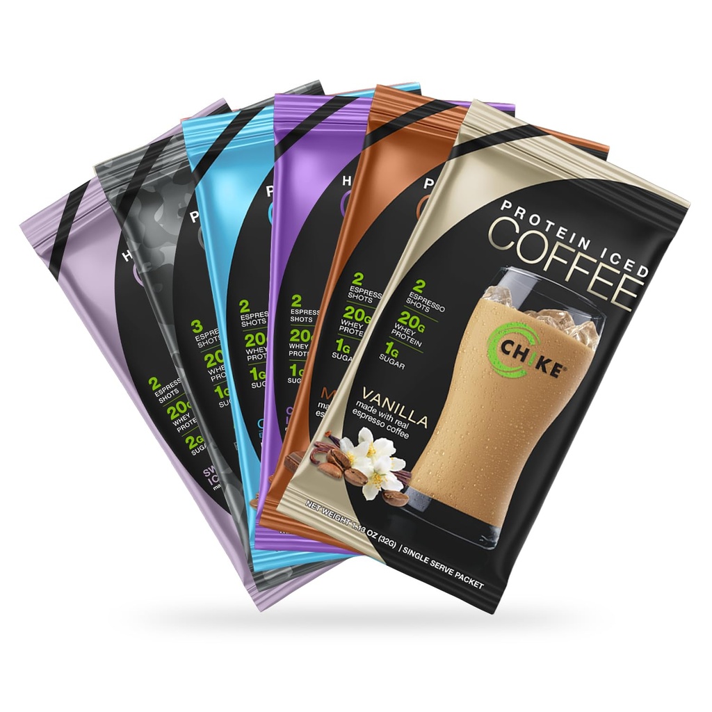 Chike High Protein Iced Coffee Sampler Pack, 20 G Protein, 2 Shots Espresso, 1 G Sucre, Keto Friendly et sans gluten, 6 Packets de service unique (emballage peut varier)