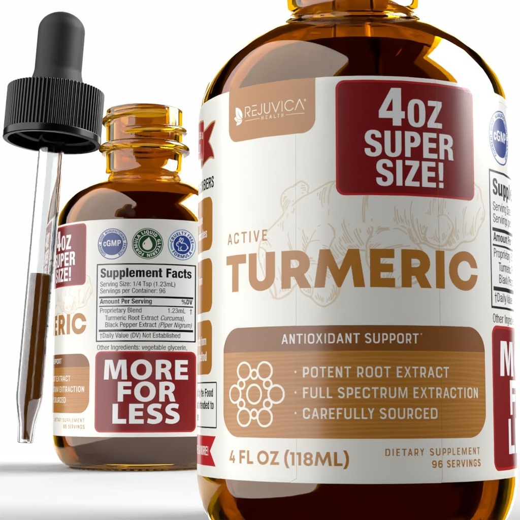 Rejuvica Health Active Turmeric 4oz XL Super Size - Advanced Liquid Supplement Tincture - Curcuma Longa Extract Drops - Turmeric Roots Only - Natürliche Heilung Curcumin