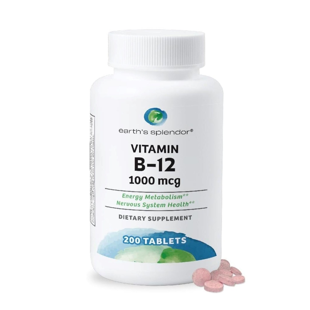 Erden Splendor Energie-Ergänzungen, mit Vitamin B12, keine künstliche Farbe oder Geschmack, Glutenfrei, Energie Metabolismus-Unterstützung (1000mcg, 200 Tabletten)