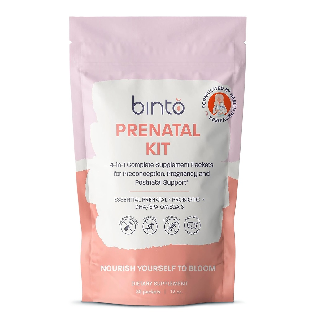 Kit prénatal Binto - Suppléments 4-en-1 pour une maman et un bébé en santé - 30 jours d'approvisionnement - Multivitamine, probiotiques, fer, DHA, folate méthylé et acide folique - Non-OGM, sans gluten, végétarien