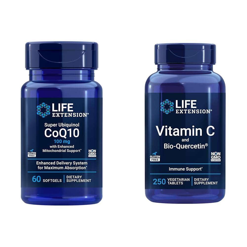 Lebensverlängerung Super Ubiquinol CoQ10 60 Softgels und Vitamin C & Bio-Quercetin Phytosome 250 Tablets Bundle für Herz, Cellular Energy, Immun & Gesamtgesundheitsunterstützung