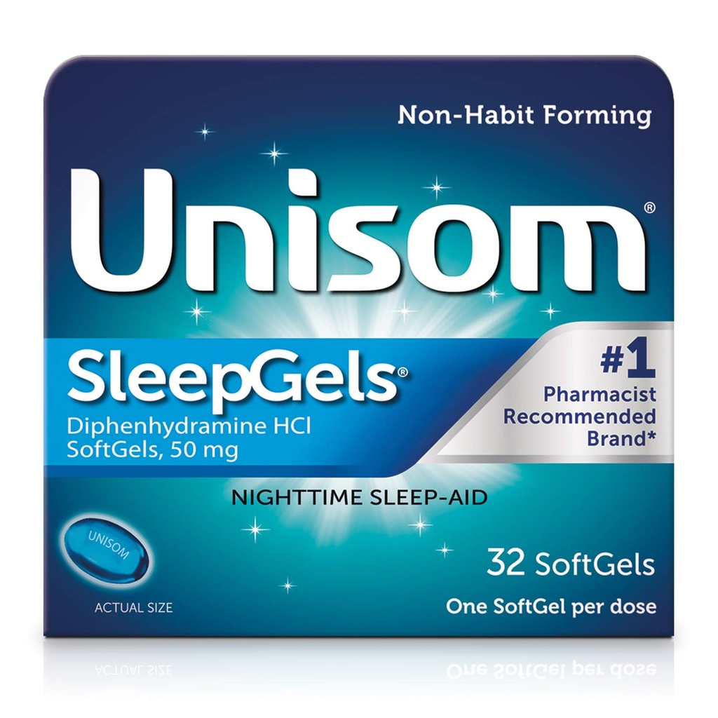 Unisom SleepGels, Nachtzeit Schlafhilfe, Diphenhydramin HCI 50 mg, 32 SoftGels