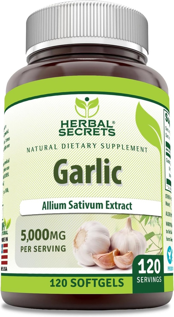 Herbal Secrets Supplément à l'ail $ 5000 Mg par service $ 120 Softgels $ Non-GMO $ Sans gluten $ Fabriqué aux États-Unis