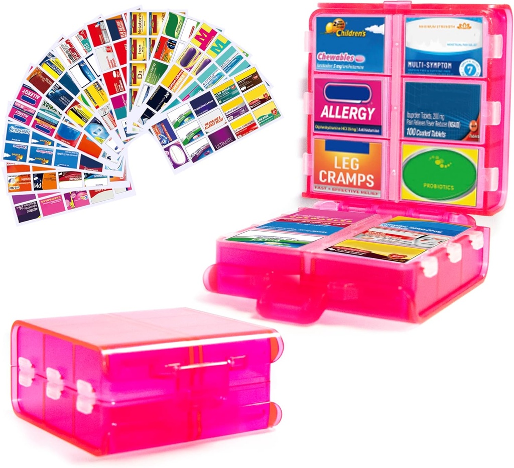 Large Pill Organizer with Medicine Labels, Pill Dispenser 12-Compartment Travel Medication Storage Case, 7-Day Pill Box for Vitamins & Supplements (Pink, 161 Labels)