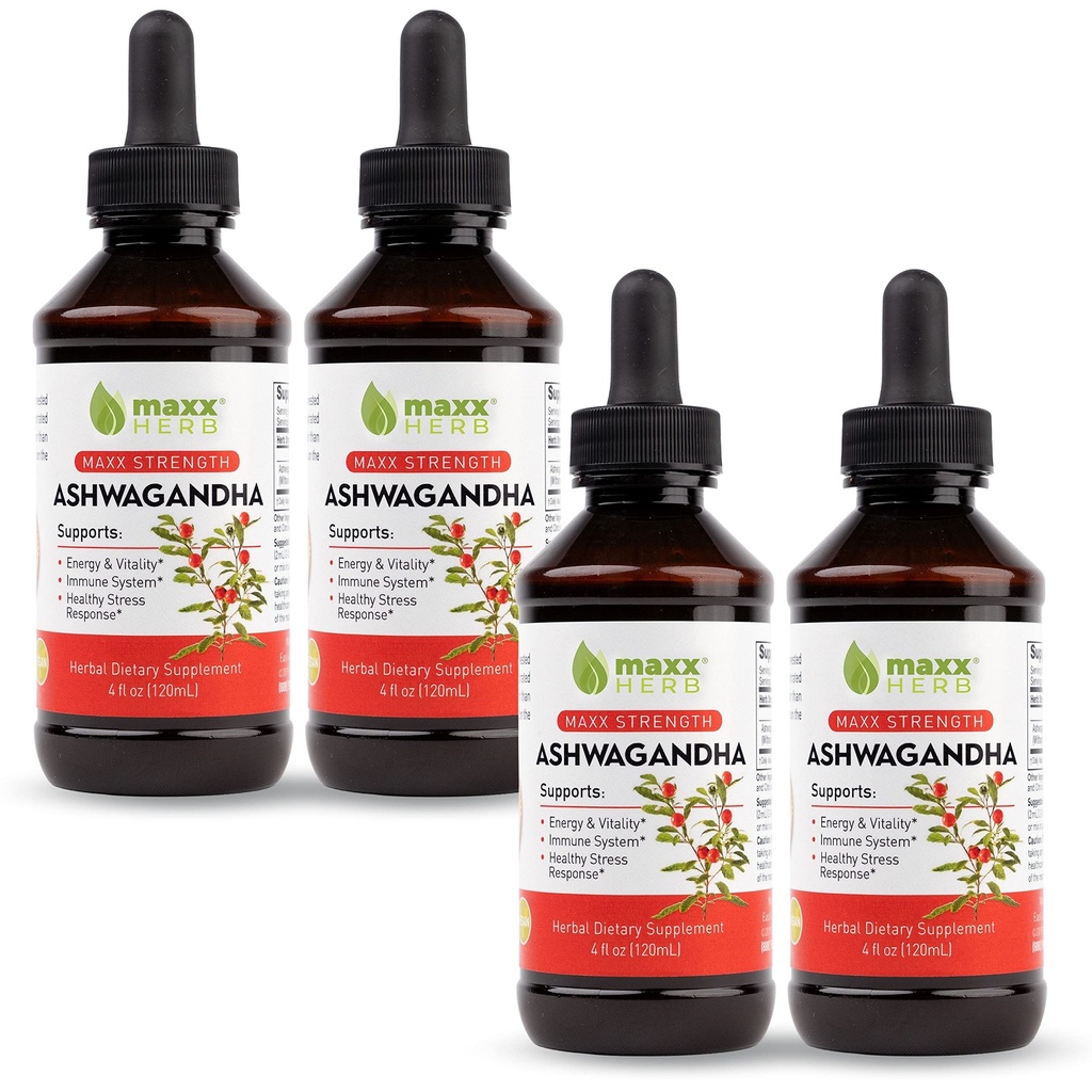 Maxx Kräuter Ashwagandha Extrakt – Max Strength Liquid Tincture absorbiert besser als Kapseln oder Pulver - für Stamina, Speicher und Immununterstützung – 4 Flaschen, 4 Oz Jeder (240 Servierungen)