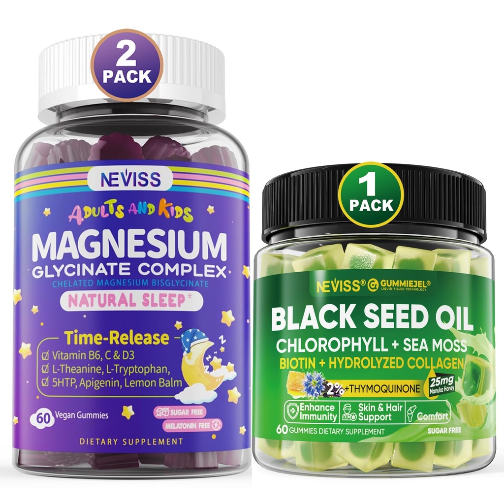 NEVISS Huile de graines noires Gummies, Chlorophylle et supplément de mousse de mer + Glycinat de magnésium Gummies pour adultes et enfants 4+