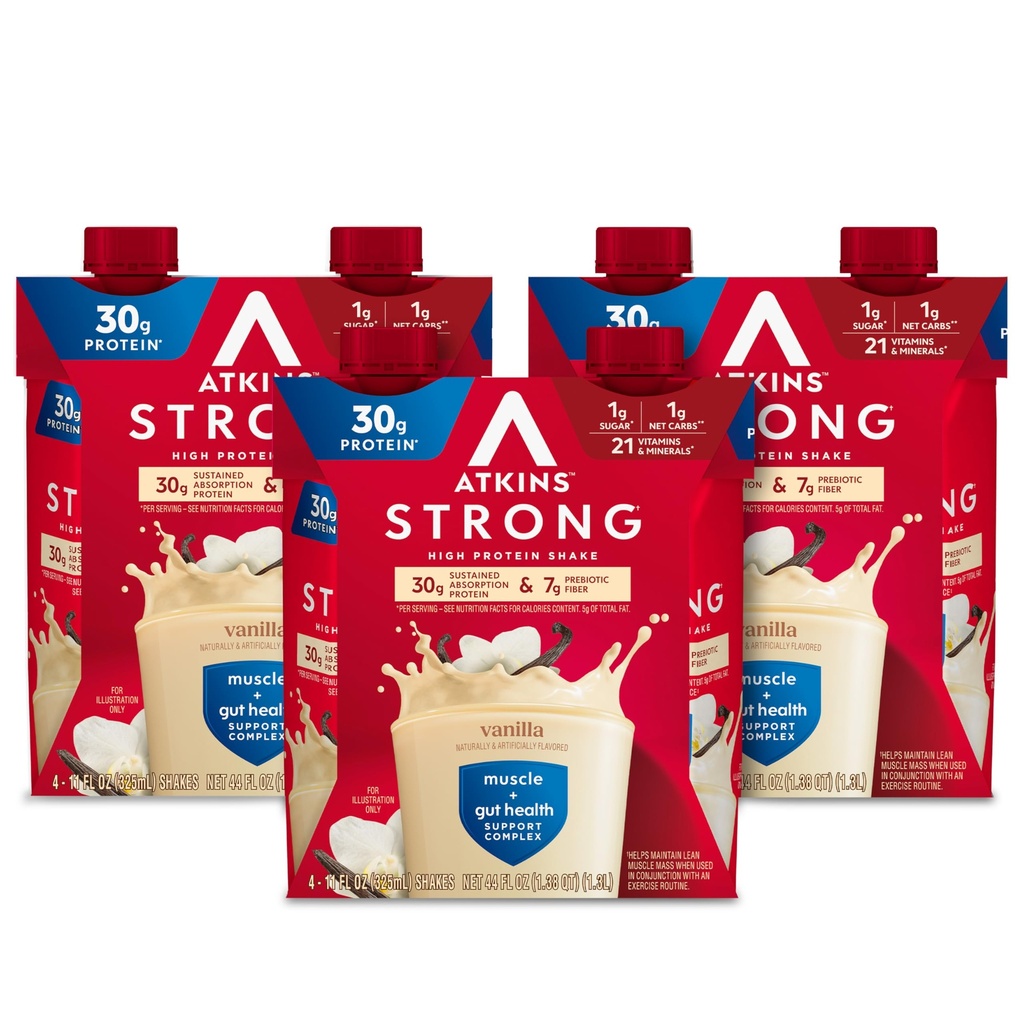 Atkins Strong Haute Protein Shake, Vanilla Aromatisé, 30g Protéines, faible teneur en glucides et faible teneur en sucre, Keto Friendly, sans gluten, Muscle et Gut Health Support Complex, 12 Comte
