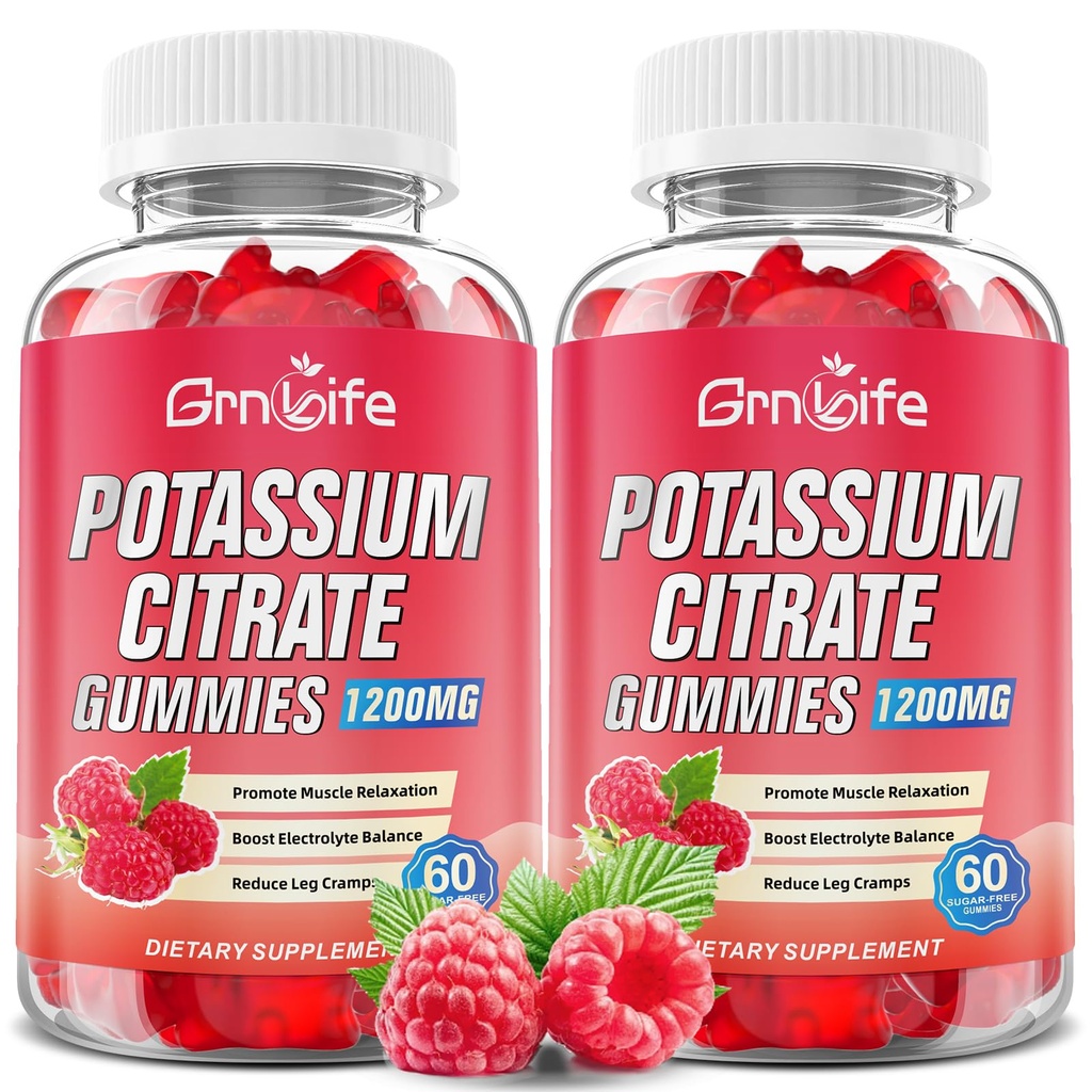 2 Pack Kalium-Zitrat-Gummi, hohe Kalium-Ergänzung Gummis 1200mg Unterstützung Beine Kramps & Muskel-Gesundheit, Kalium-Gummi für Erwachsene & Kinder, Vegan, Raspberry Flavor 120 Count