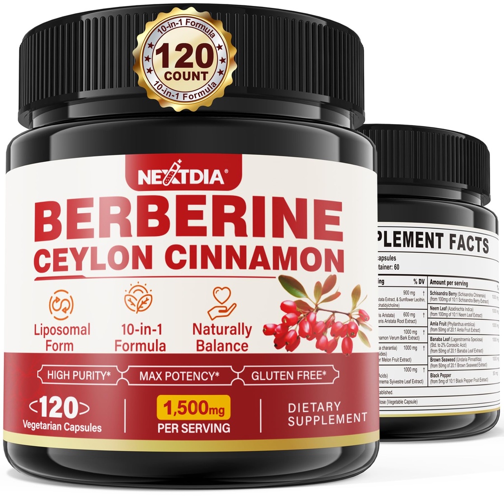 Berberine Supplement Organic 1500mg mit Ceylon Cinnamon Bitter Melon, Liposomal Berberine HCL Complex Supplements, Immun- und Verdauungsunterstützung - Non-GMO, Organic, Vegan Berberine Kapseln 120Cts