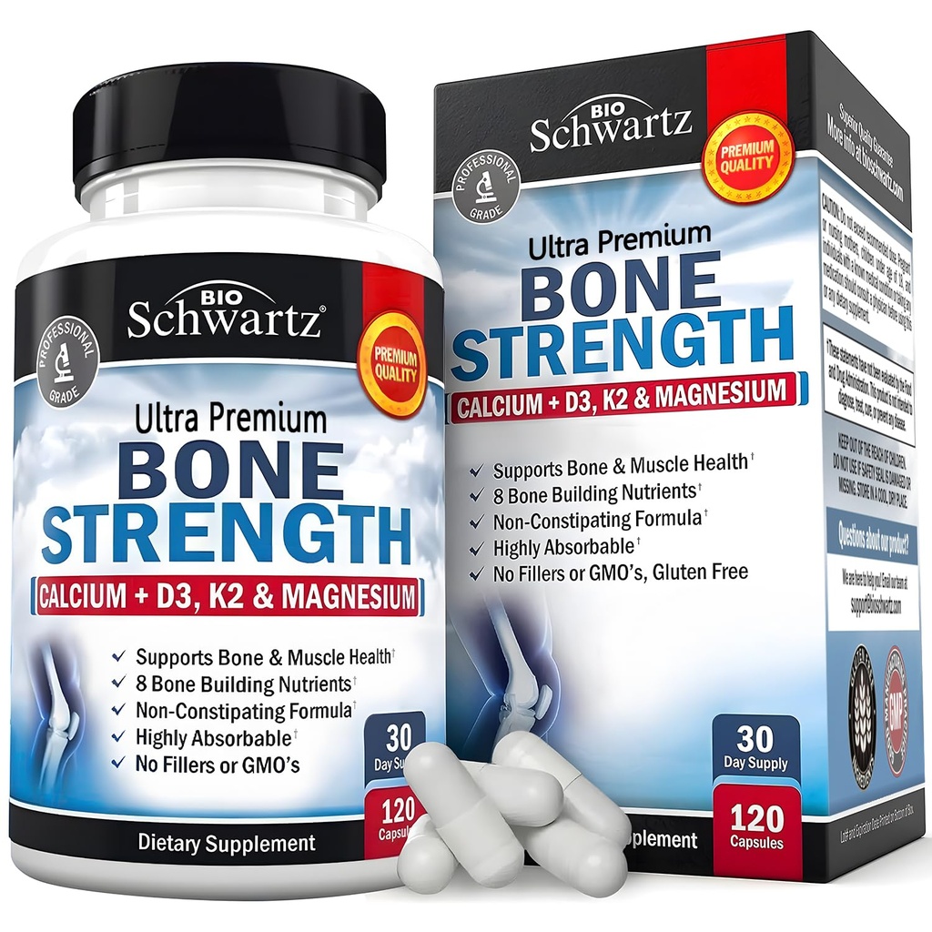 BioSchwartz Bone Strength Supplement - Gentle Non-Constipating Bone Health Supplement für Damen und Herren mit 9-in-1 Complex mit Calcium Magnesium Zink D3 K2 &amp; Mehr - 3. Partei getestet - 1 Monat