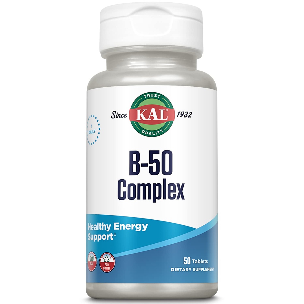 KAL B 50 Complex, B Complex Vitamins for Energy, Metabolism, Red Blood Cell Synthesis und Immununterstützung, mit Vitamin B12, B6, Folsäure und anderen B Vitaminen, Vegan, 50 Portionen, 50 Tabletten