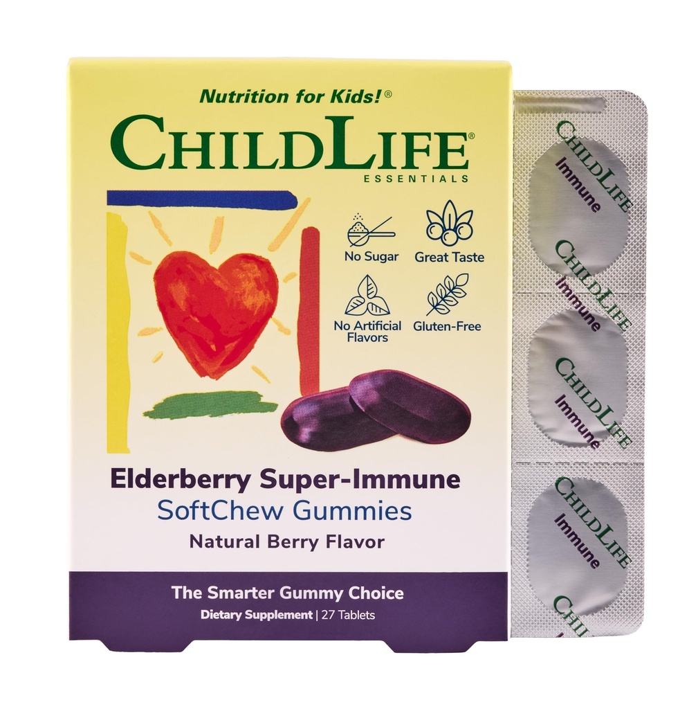 CHILDLIFE ESSENTIALS Elderberry Super-Immune SoftChew Gummis für Kinder - Immununterstützung mit Vitamin C & Vitamin D3, Elderberry Immunergänzung für Babys, Kleinkinder & Kinder - Berry, 27 Softchews