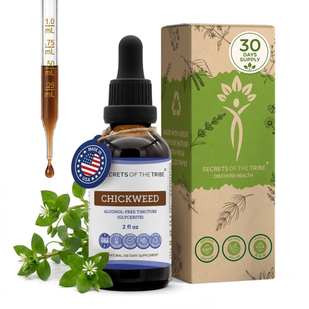 Secrets de la Tribe Chickweed Tecture Extrait liquide sans alcool, Chickweed (Stellaria Media) Pièces séchées au-dessus du rond (2 FL OZ)