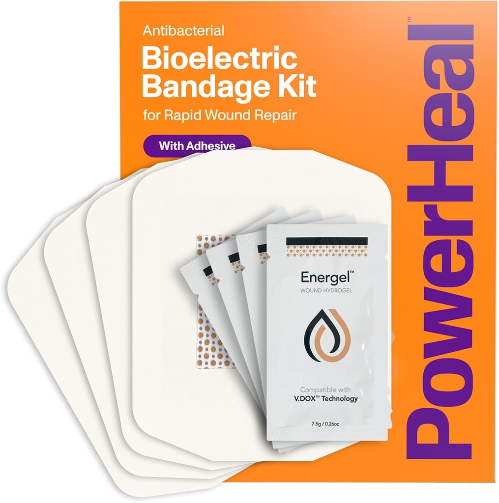 PowerHeal Bioelectric Bandage Kit for Wound Care & Fast Healing – 3-Layers w/Bioelectric Pad, Pad absorbant, Adhésif + Wound Hydrogel – pour Coupes, Abrasions, Blisters, Burns – 4-Pack, 4-Pack, 4-