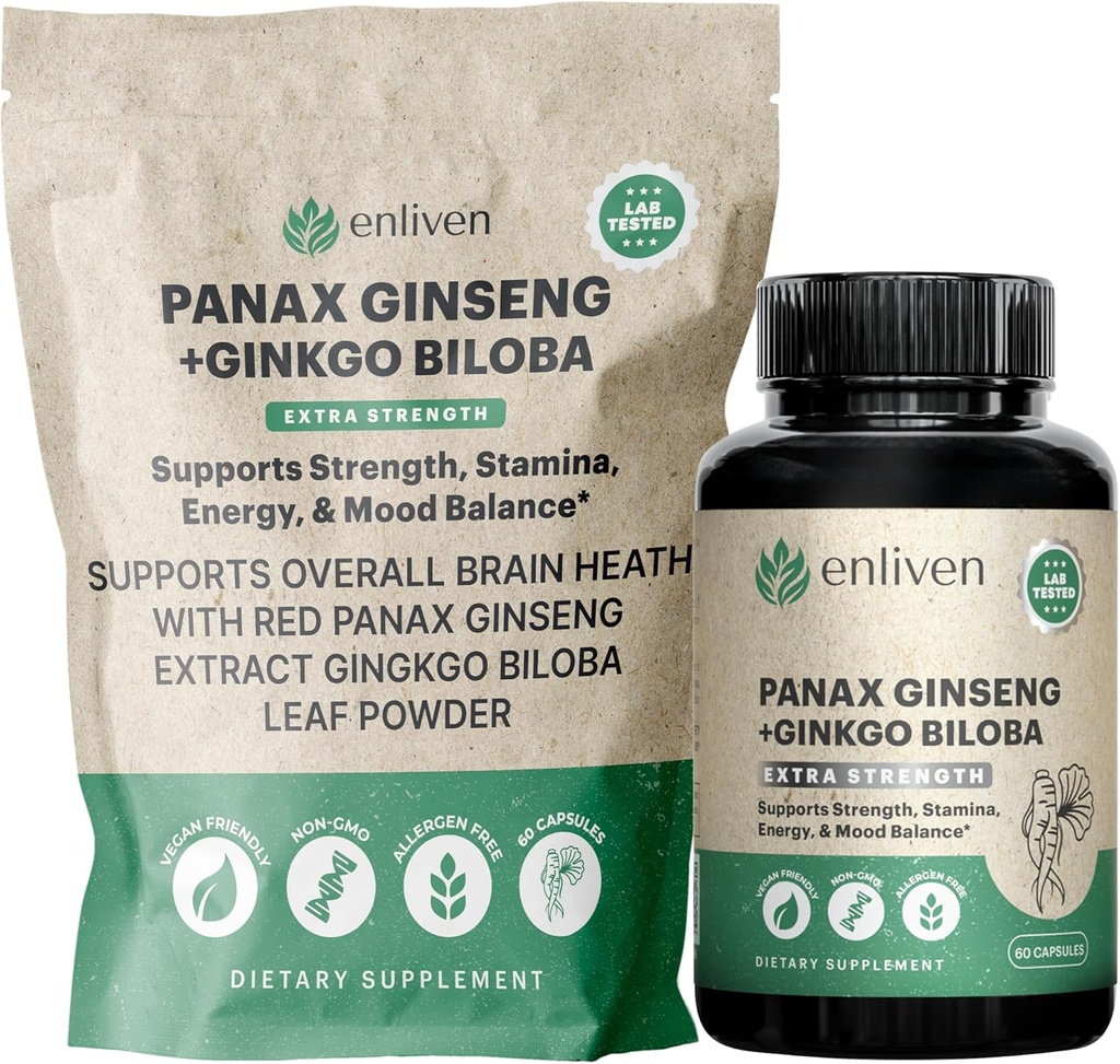 Panax Ginseng & Ginkgo Biloba Ergänzung für Energie, Fokus & Gehirn Gesundheit | Korean Red Ginseng Kapseln für Gedächtnis, Stress Relief & Zirkulation | Natürliche kognitive Unterstützung | 60 Graf | Made in USA