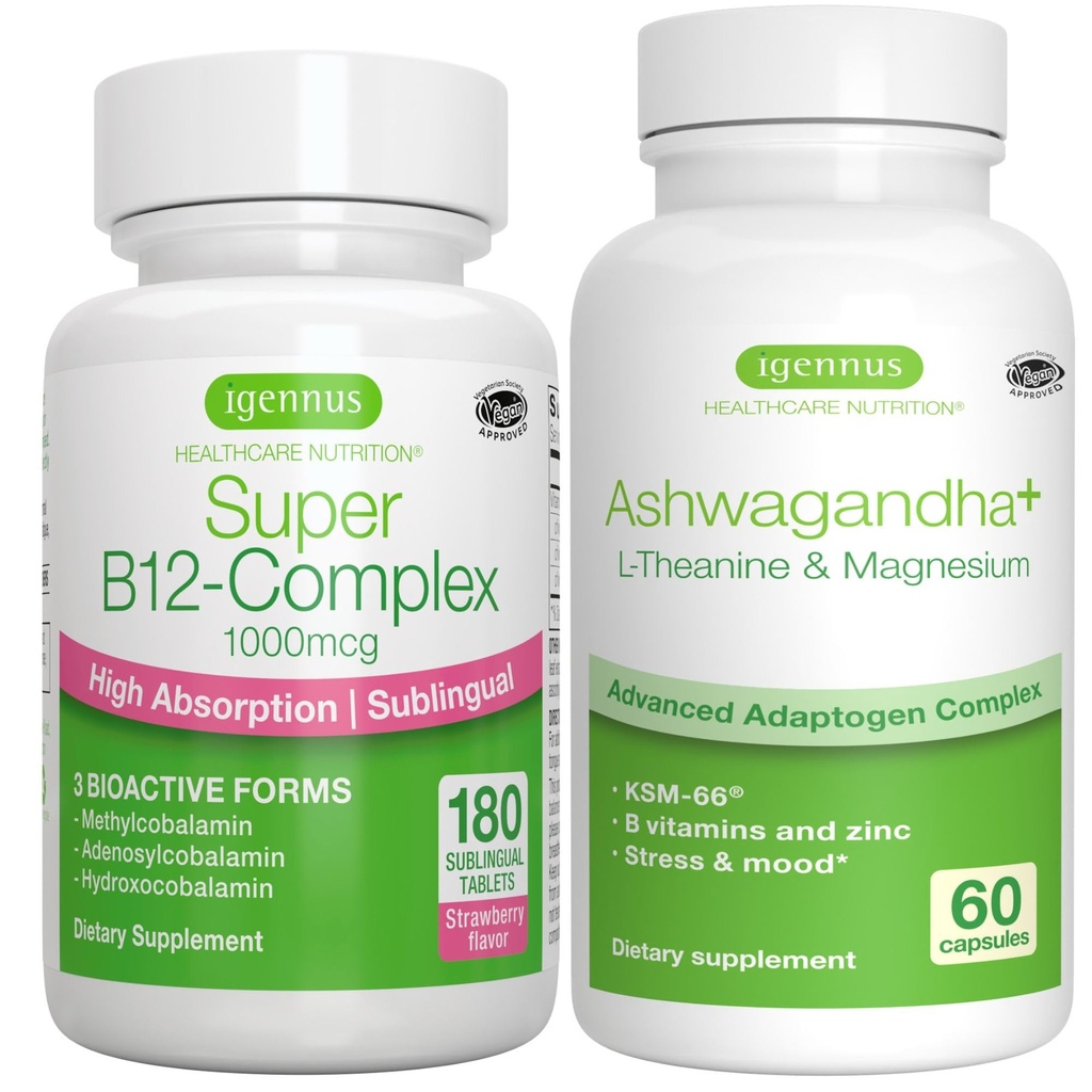 Super B12-Complex 1000mcg + Ashwagandha avancé KSM-66, L-Theanine & Magnésium Bundle, Haute Absorption Sublingual Vitamine B12 + Multi Action Complexe Adaptogène, par Igennus