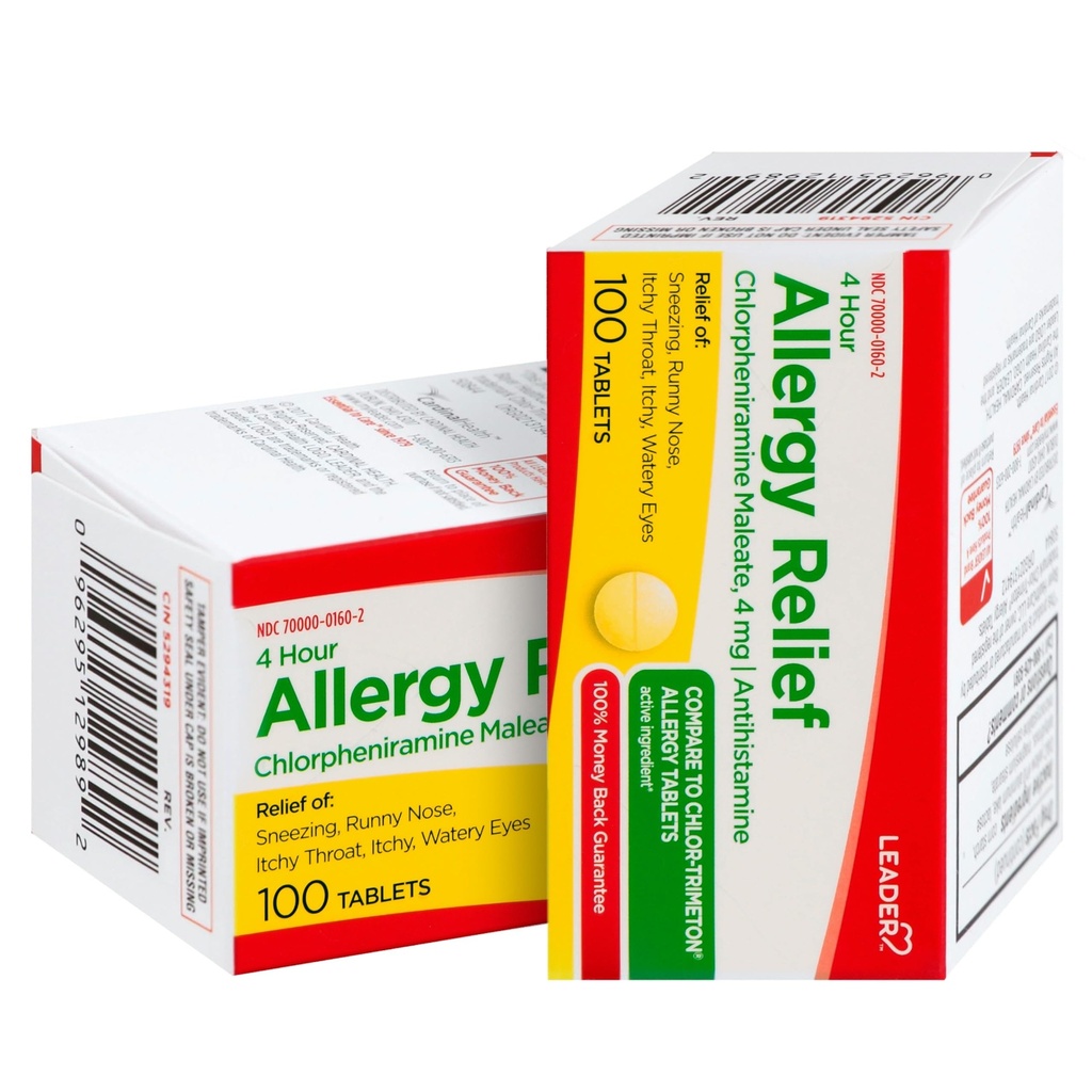 Leader 4 heures de soulagement de l'allergie, comprimés de maléate de chlorphéniramine, antihistaminique, 4 mg, 100 Compte, boîte de 2
