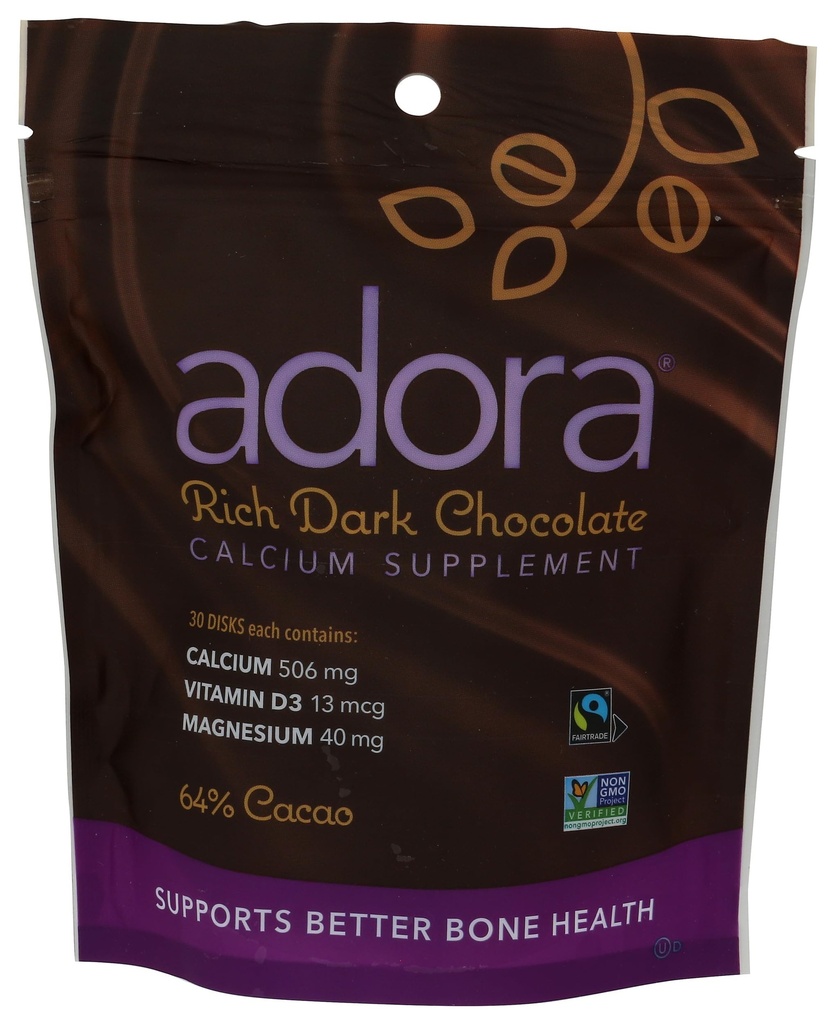 Adora Kalzium-Ergänzungsscheibe, dunkle Schokolade, 30 Count - 500 mg