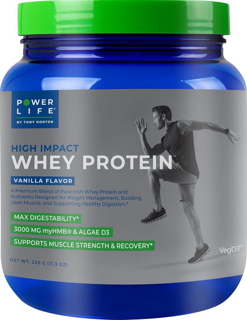 POWERLIFE Tony Horton High Impact Herb Fed Whey Protein avec 3000 MG de HMB, Pas de sucre ajouté, Non-OGM, Hormone et Sans antibiotiques, 15 portions (Vanilla)