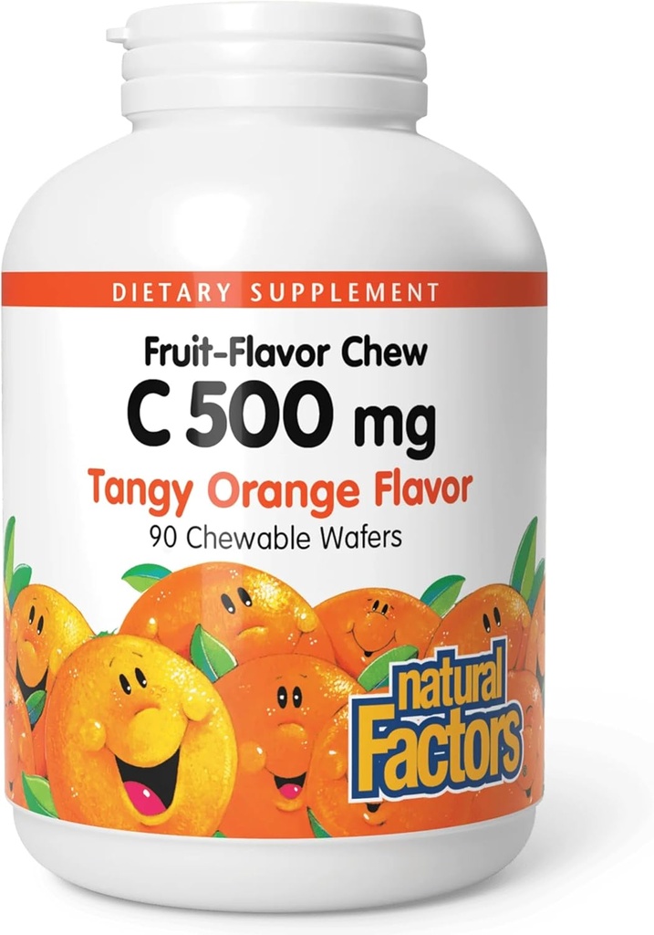 Natürliche Faktoren, Vitamin C 500 mg, Kinder kaubar, um gesunde Knochen und Zähne zu unterstützen, Tangy Orange, Vegan, Non-GMO, 90 Wafer (90 Portionen)