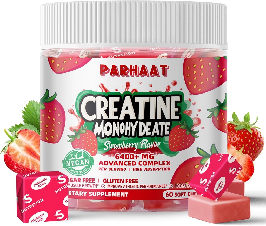 Creatine Monohydrate Chews Complex 6400mg für Männer und Frauen - Fortgeschrittene Formel W/L-Taurine + Vitamin B12, Sugar Free Chewable Supplement,60 Erdbeer Softchews