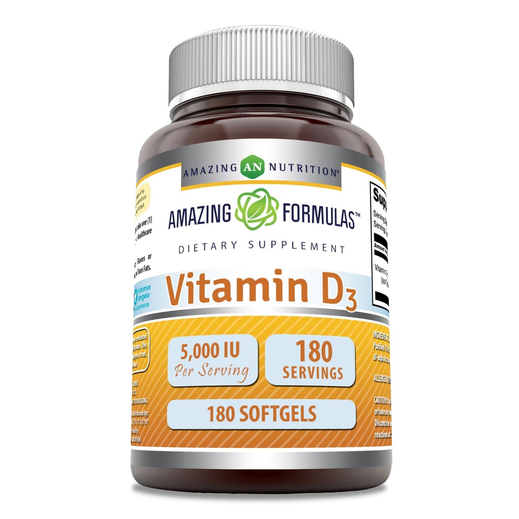 Erstaunliche Formeln Vitamin D3 (Cholecalciferol) Ergänzung | 5000 IU pro Servieren | 180 Softgels | Non-GMO | Gluten-Free | Made in USA