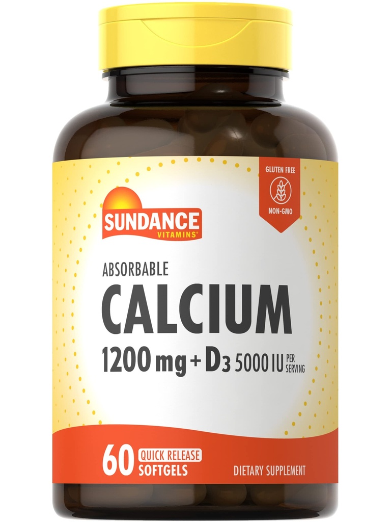 Sundance Calcium 1200 mg mit Vitamin D3 5000 IU | 60 Absorbierbare Softgele | Non-GMO & Gluten Kostenlose Ergänzung