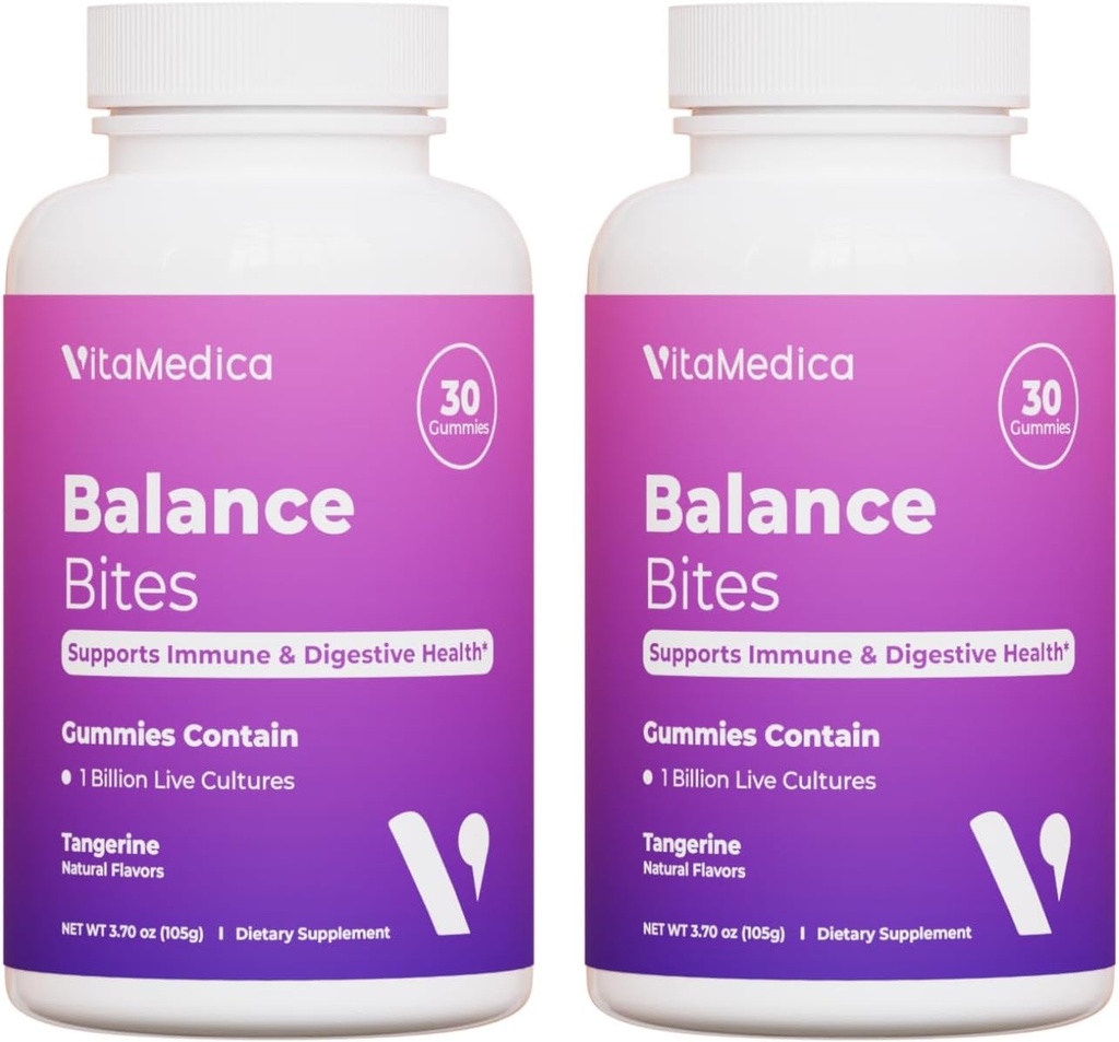Bites d'équilibre VitaMedica - Gummées probiotiques pour le soutien digestif, immunitaire et la santé des intestins - 1 milliard UFC Pas de réfrigération requise - 60 Gummées (2 paquets)
