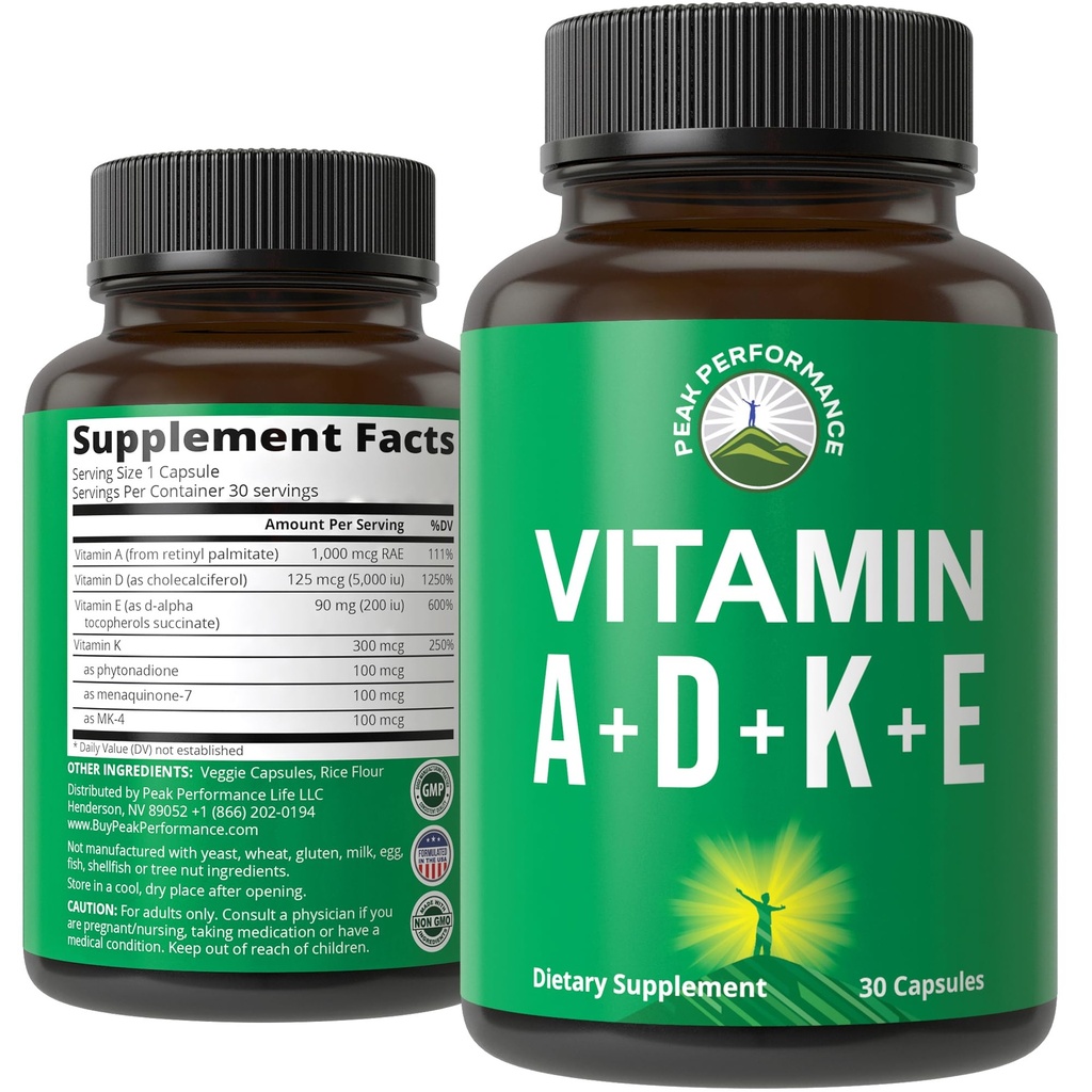 Cap Performance Vitamines D 5 000 iu + A + K + E Tous en 1 Capsule végétalienne facile à avaler. Supplément de vitamine ADK avec E D3 K2. Vitamines essentielles pour l'humeur, Immune, Os, Vision, Coeur