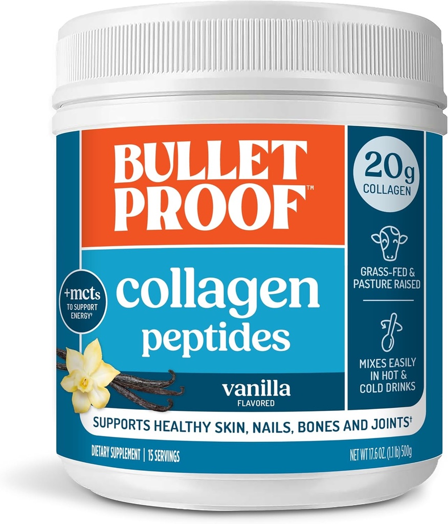 Bulletproof Vanille Collagen Peptide Pulver mit MCT-Öl, 14.3 Unzen, Grass-Fed Collagen Protein für Haut, Knochen und Gelenkunterstützung, Pasture Raised, keine zusätzlichen Hormone, Verpackung Mai Vary