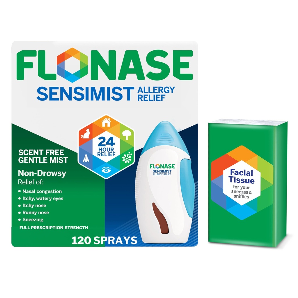 Spray nasal anti-allergie sensimiste Flonase - Allégation longue durée de 24HR non somnolente avec brume fine et sans parfum - 120 Sprays plus Bonus Pack de tissus
