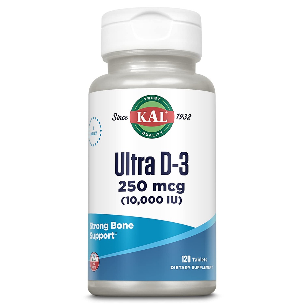 KAL Ultra Vitamine D3 10000 UI 250 mcg, Comprimés de vitamine D à haute puissance, Absorption de calcium, Supplément de soutien osseux et immunitaire, Désintégration rapide D-3 ActivTabs, 120 portions, 120 comprimés