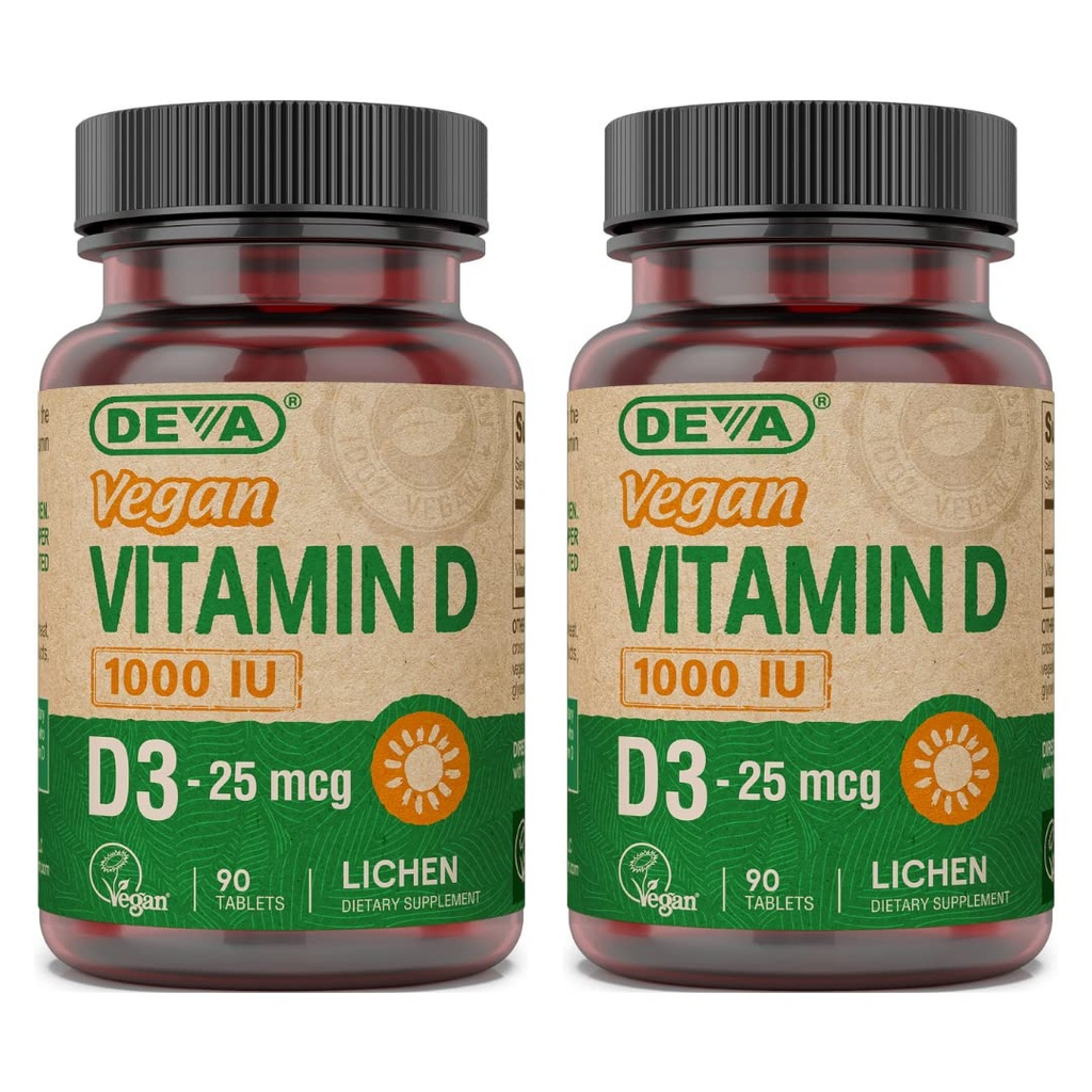 EVA Vitamine végétale supplément D3 - Comprimé une fois par jour avec 1000 UI - Cholecalciferol - Lichen Plant dérivé - 90 petits comprimés, 2-pack