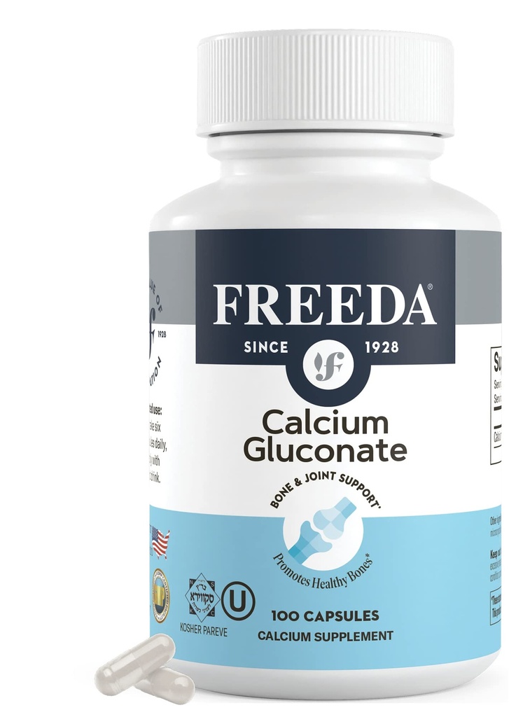 Freeda Calcium Gluconate – Kosher Vegan Calcium Supplement – Einfach zu digest &amp; Absorbieren – unterstützt Knochenstärke – Reines Calcium ohne Vitamin D – (100 Kapseln)
