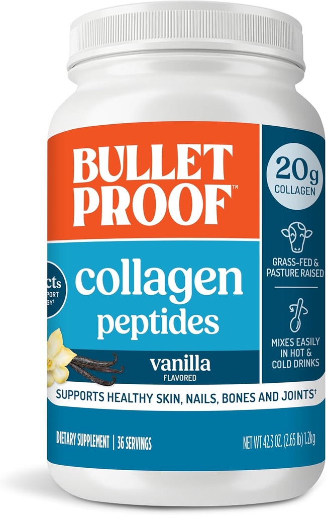 Bulletproof Vanille Collagen Protein Pulver mit MCT-Öl, 19g Protein, 42,3 Oz, Wertgröße, Collagen Peptide und Aminosäuren für gesunde Haut, Knochen und Gelenke