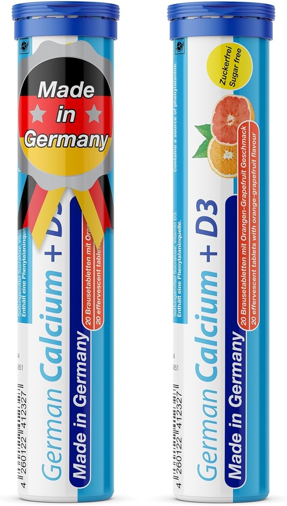 Deutsches Calcium + VIT. D - 40 Vegetarische Getränke Brausetabletten - Orange-Grapefruit Flavor - Made in Germany