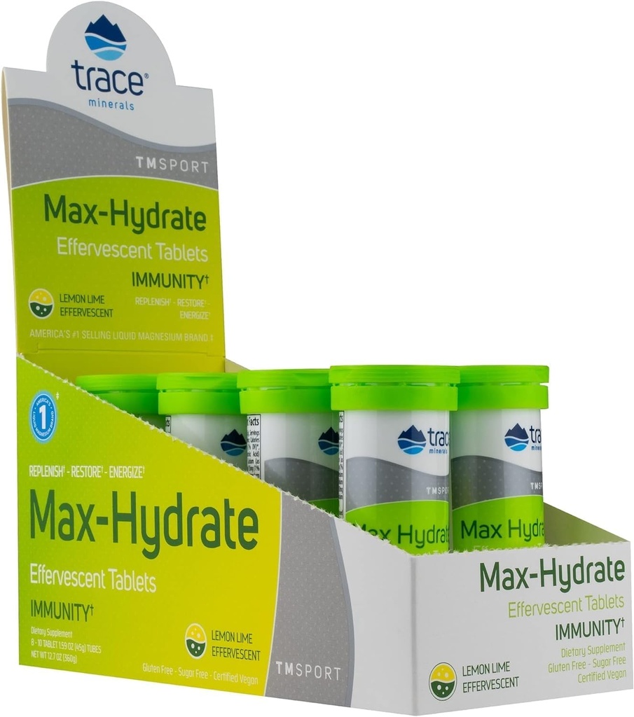 Trace Minerals Max-Hydrate Immunität - Elektrolyt-Getränk-Ergänzung für Immun-Gesundheit & Hydration-Unterstützung - Vitalitäts-Ergänzung für Muskel-Kreb-Relief - Lemon Lime, 8 Behälter (80 Servietten)
