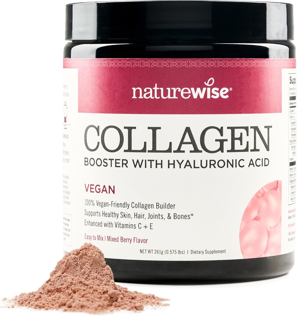 NatureWise Vegan Collagen Powder - Booster Formel für gesundes Haar, Haut, & Nägel mit Hyaluronsäure, Vitamin C und E, Protein - Gemischte Berry Flavor - Dairy-Free, Non-GMO - 15 Portionen