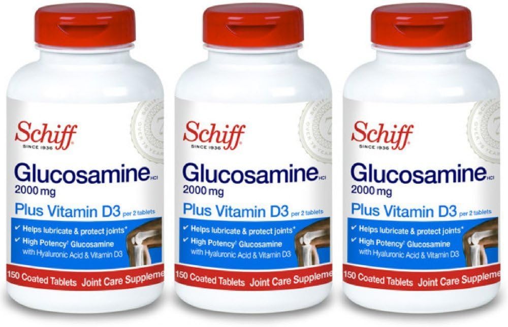 Schiff Glucosamin 2000mg mit Vitamin D3 und Hyaluronsäure, 150 Tabletten - Joint Supplement (Pack von 3)
