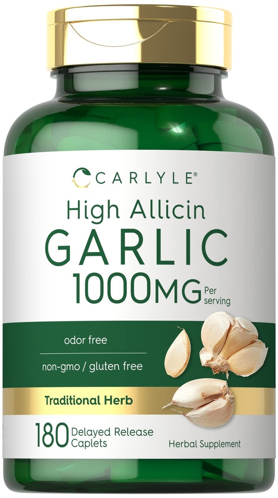 Carlyle Knoblauch Ergänzung 1000mg | 180 Caplets | Odorless Pillen | High Allicin Extrakt | Vegetarisch, Non-GMO & Gluten Kostenlos