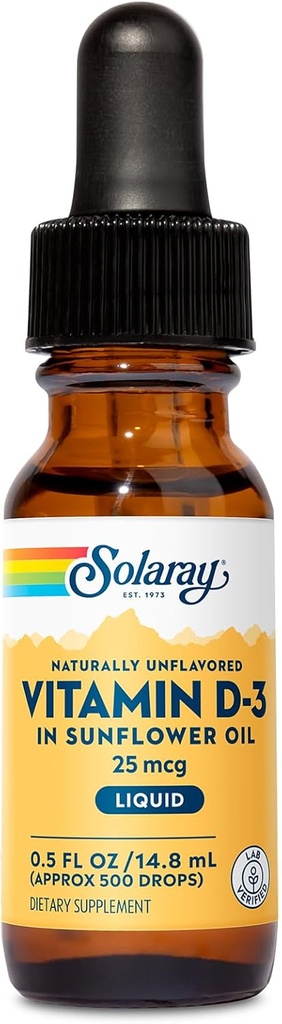 SOLARAY Vitamin D3 Flüssigkeitstropfen 25 mcg (1000 IU) - Verbesserte Absorption Vitamin D Tropfen in Sonnenblumenöl für VIT D3 Unterstützung - Natürlich entflammt, Dropper Included - Ca. 500 Servierungen, 0.5oz