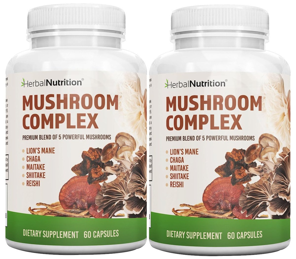 Kräuterernährung Pilz Complex 700mg bis 1400mg. Die 5 mächtigsten Pilze - Lions Mane, Reishi, Chaga, Maitake, Shiitake - unterstützt Immungesundheit, Nootropic Brain Gesundheit für Gedächtnis & Fokus