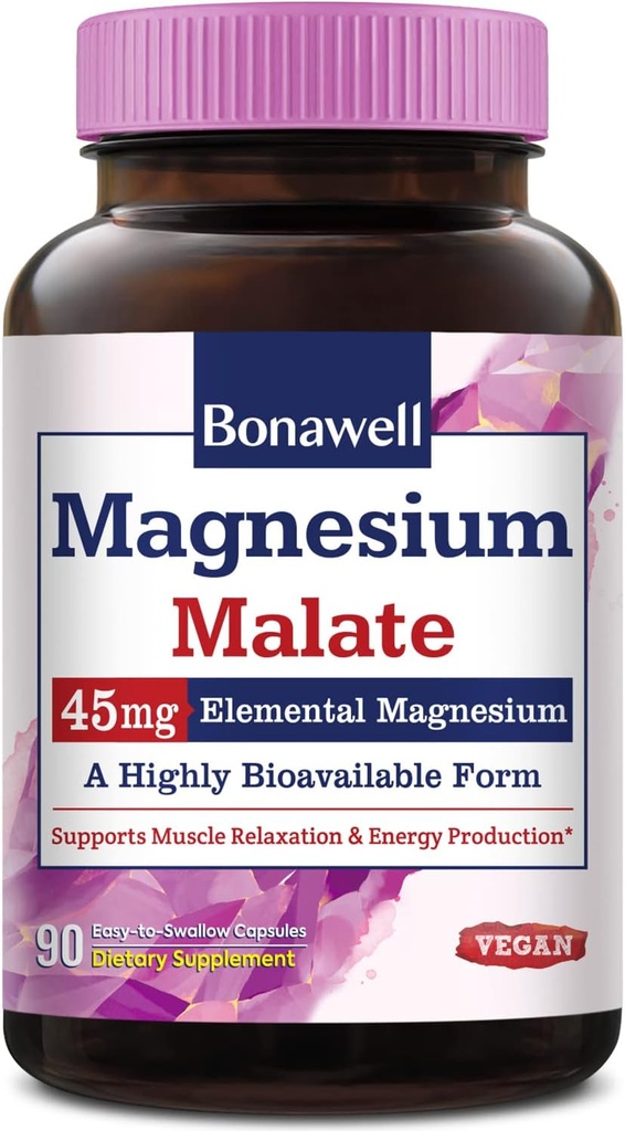 Bonawell Magnesium Malat, gebunden an Malic Acid, hohe Absorption, 45mg elementares Magnesium, Muskelrelaxation & Energieproduktion, Easy-to-Swallow Caps, No Gluten Soy & Dairy, Vegan & Non-GMO, 90 Cts