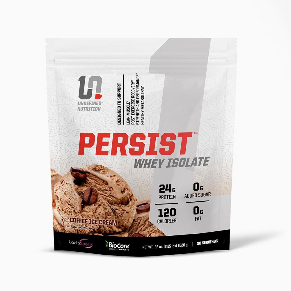 Nutrition indéfinie Persist Whey Isolat par Brian Shaw - 24g Protéines, 30 portions – Soutient la récupération, la force et la performance - Sans gluten, Absorbage rapide (2,18lbs, crème glacée au café)