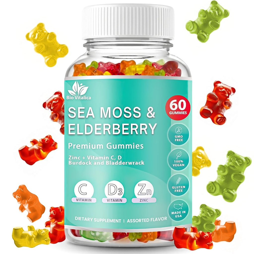 BIO VITALICA Sea Moss Gummis Elderberry BioVitalica - Vitamin C D + Zink - Irish Seamoss Vegan Gummy mit Sea Moss Gel & Pulver für Immunität, Detox - für Erwachsene und Kinder