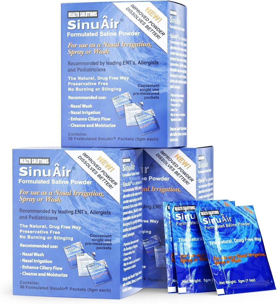 SinuAir Saline Packets für Sinus Rinse - Vorgemischtes Salzlösungspulver für SinuPulse Elite System, Neti Pot, Nasenwaschflasche & Nasenbewässerung, 90 Packungen